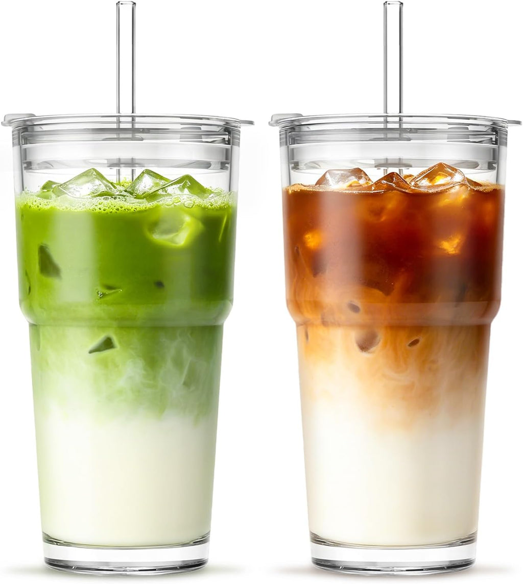 INSETLAN 20 oz Clear Glass Cup with Lid and Glass Straw, Set of 2 Thickened Glass Coffee Tumblers, Drinking Glasses with Straw for Smoothie, Tea, Milk