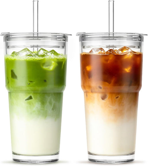 INSETLAN 20 oz Clear Glass Cup with Lid and Glass Straw, Set of 2 Thickened Glass Coffee Tumblers, Drinking Glasses with Straw for Smoothie, Tea, Milk