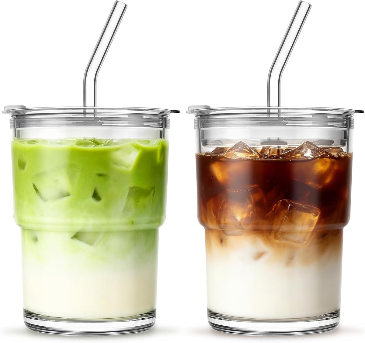 20 oz Clear Glass Cup with Lid and Glass Straw, Set of 2 Thickened Glass Coffee Tumblers, Drinking Glasses with Straw for Smoothie, Tea, Milk