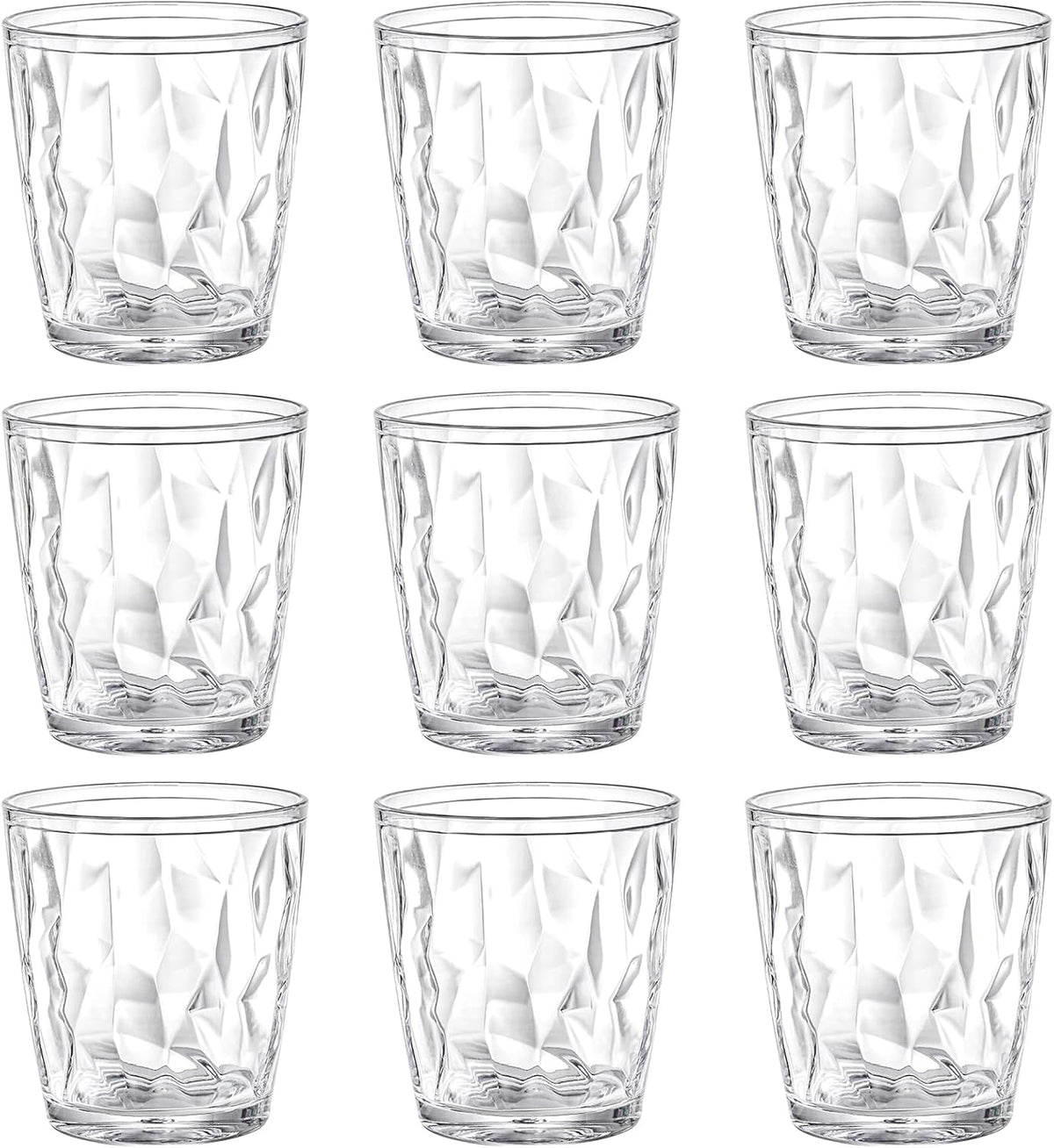Hedume 9 Pack 10-ounce Plastic Water Tumblers, Transparent Drinking Glasses, Clear Acrylic Reusable Juice Wine Cups Stackable for Home, Picnic Party