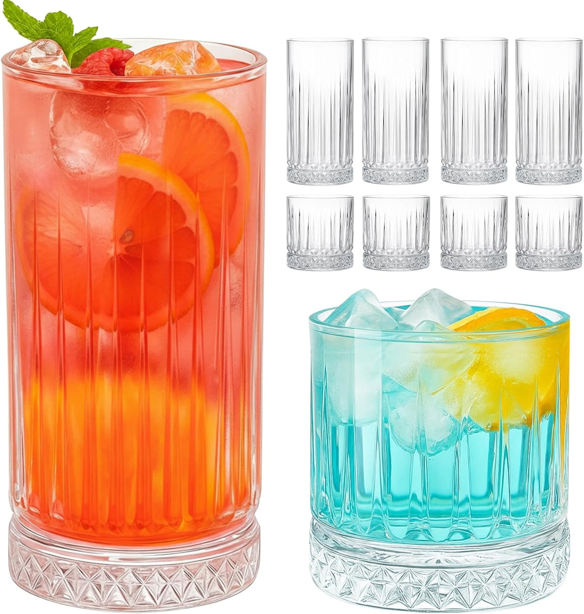 Ruckae Drinking Glasses Set of 8, 15 oz and 7 oz Kitchen Water Glass Cups Set, Clear Ribbed Glassware Dishwasher Safe, Mixed Drinkware for Beer, Juice