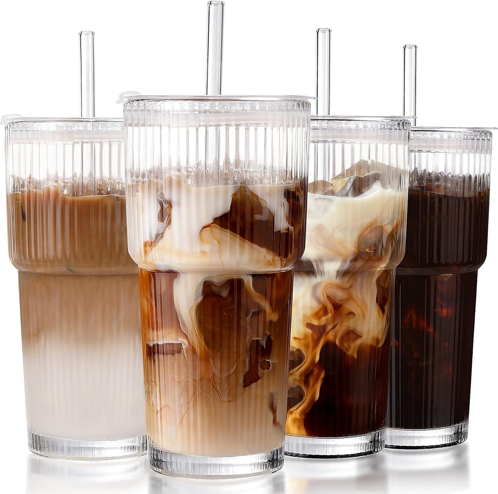 Iced Coffee Cups with Lids: Coffee Bar Accessories - Ribbed Glass Tumbler with Straw and Lid 4Pcs - 20oz Leak Proof Tumbler - Reusable Glass Cups