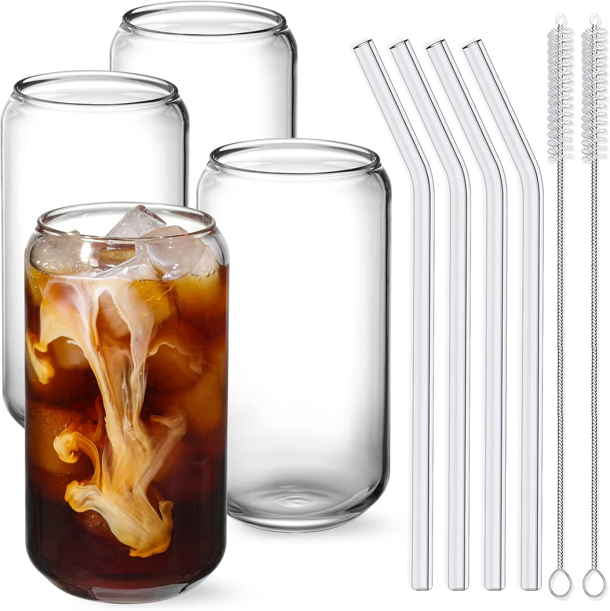 NETANY Drinking Glasses with Glass Straw 4pcs Set - 16oz Highball Glass Cups, Beer Glasses, Iced Coffee Glasses, Cute Tumbler Cup, Ideal for Whiskey