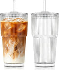 KEMORELA 20oz Ribbed Glass Tumblers with Lids and Straws, Iced Coffee Cups | Reusable thick-wall glass, Leak-Proof Lids, Fits Most Car Cup Holders