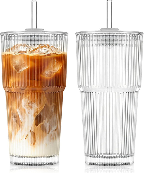 KEMORELA 20oz Ribbed Glass Tumblers with Lids and Straws, Iced Coffee Cups | Reusable thick-wall glass, Leak-Proof Lids, Fits Most Car Cup Holders