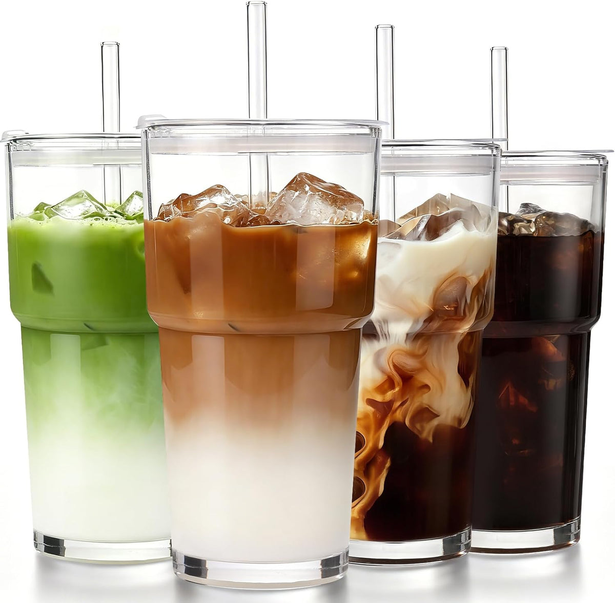 Iced Coffee Cups with Lids: Coffee Bar Accessories - Ribbed Glass Tumbler with Straw and Lid 4Pcs - 20oz Leak Proof Tumbler - Reusable Glass Cups