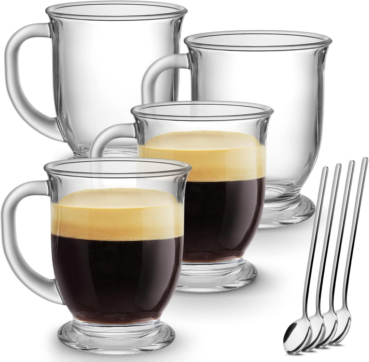Mfacoy Glass Coffee Mugs Set of 4, Clear Large Coffee Mug 15 Oz With Handles for Hot Beverages, Clear Mugs for Tea, Cappuccino, Latte, Espresso Coffee