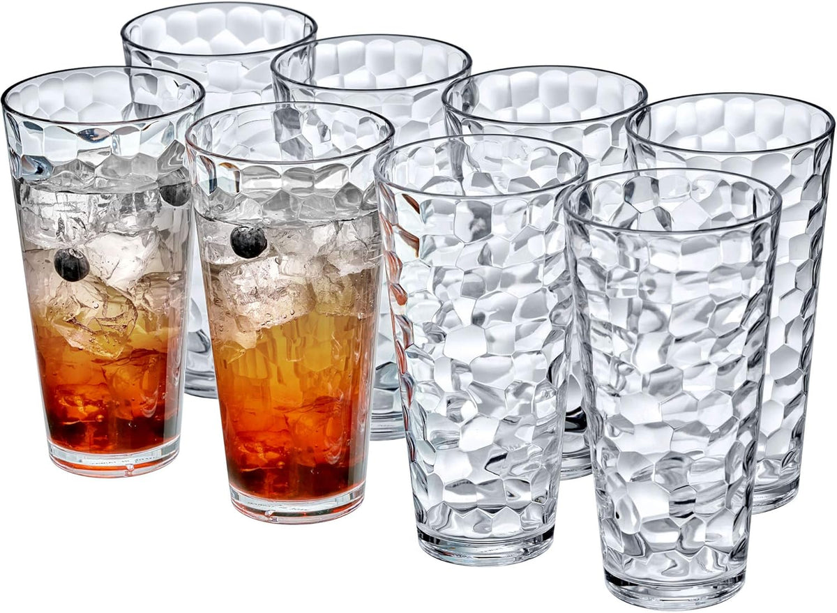 Amazing Abby - Iceberg - 24-Ounce Plastic Tumblers (Set of 8), Plastic Drinking Glasses, All-Clear High-Balls, Reusable Cups, Stackable, BPA-Free
