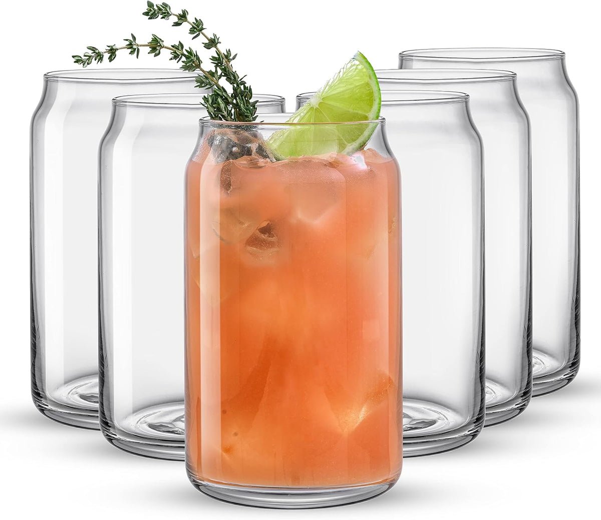 JoyJolt Drinking Glass Cups Set of 6-16oz Beer Can Glasses. Clear Soda Can Shaped Glass Cups, Cute Iced Coffee Cup Tumblers, Cold Drink Glassware