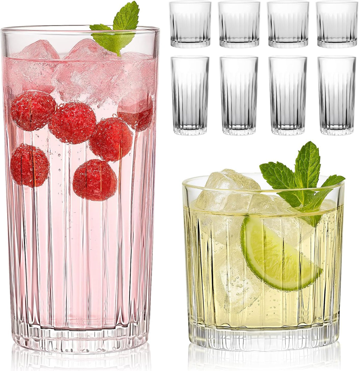 Laerjin Drinking Glasses Set of 8, 12 oz Highball Glasses & 10 oz Cocktail Glasses Set, Ribbed Glass Cups, Thick Glass Cups, Kitchen Water Glasses Cup